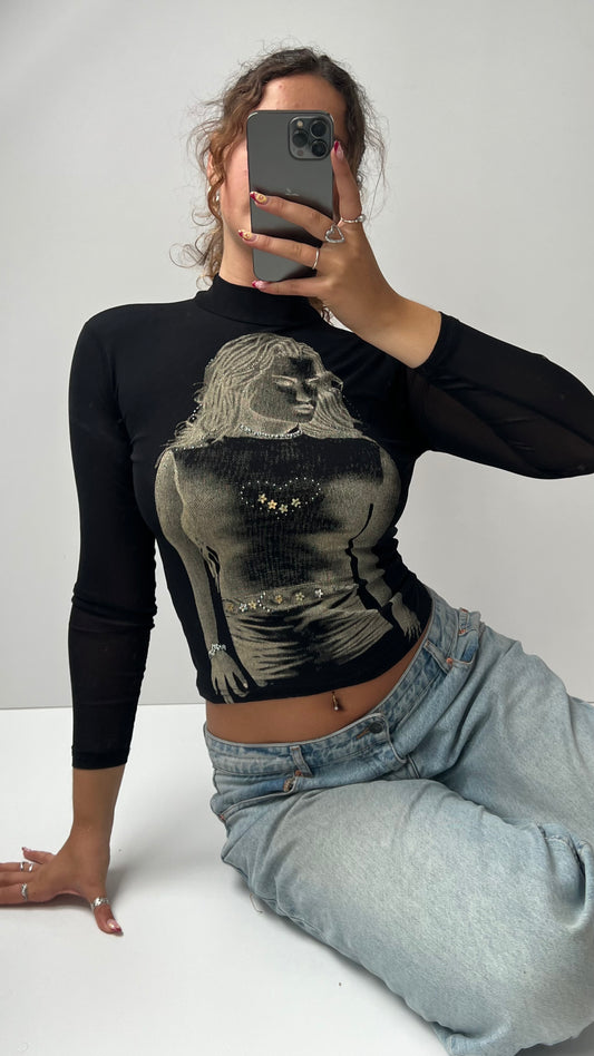 00s black graphic long sleeve top- size S