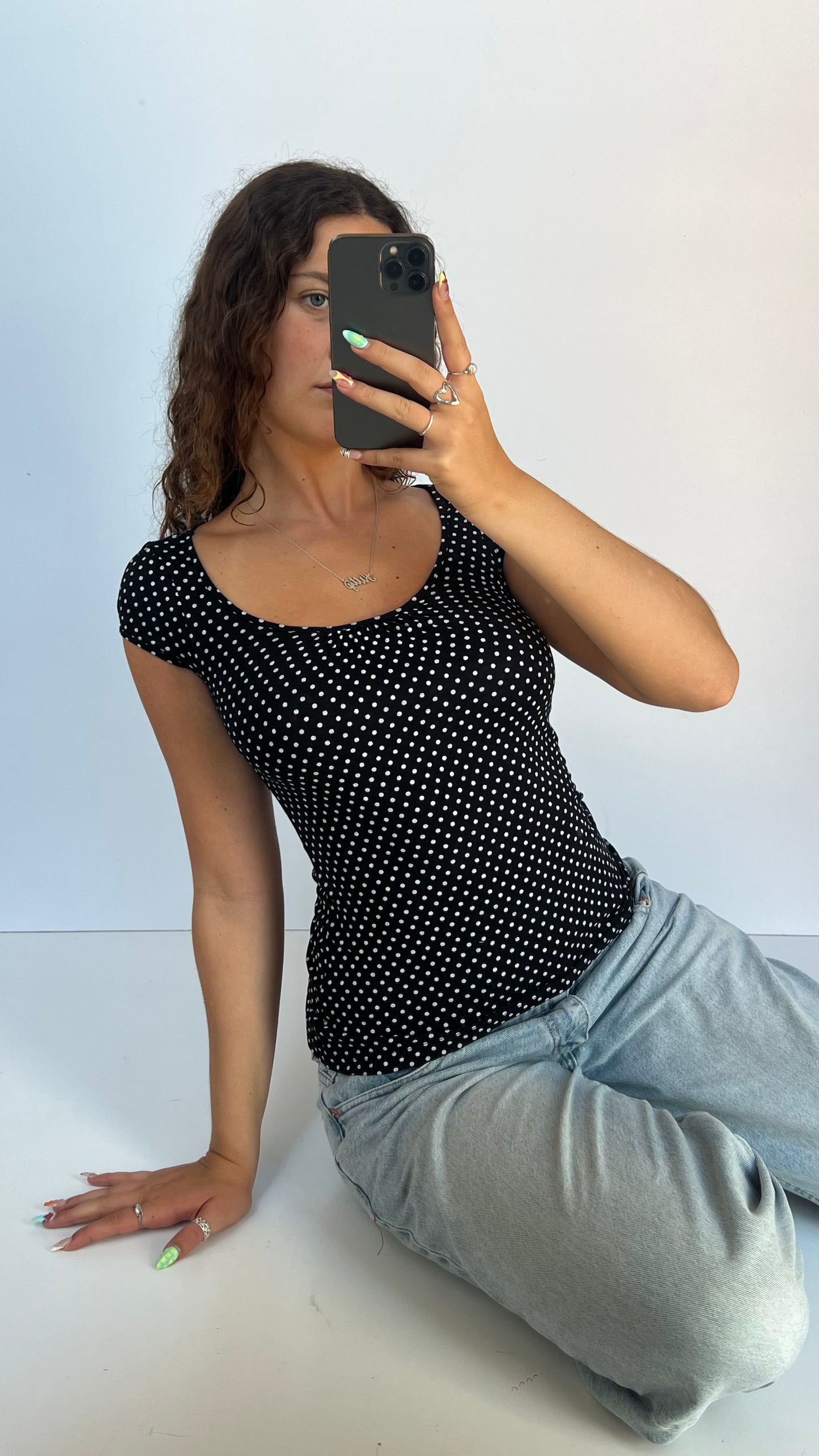 00s black polka dot top- size S