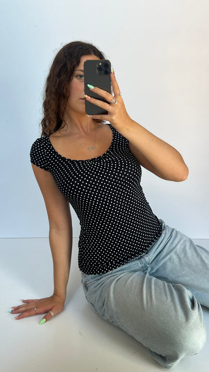 00s black polka dot top- size S
