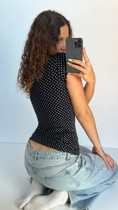 00s black polka dot top- size S