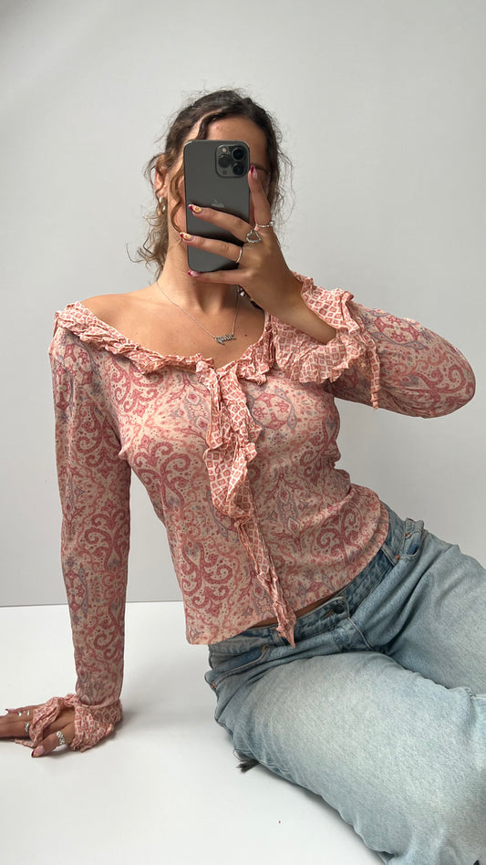 00s pink mesh long sleeve top- size L