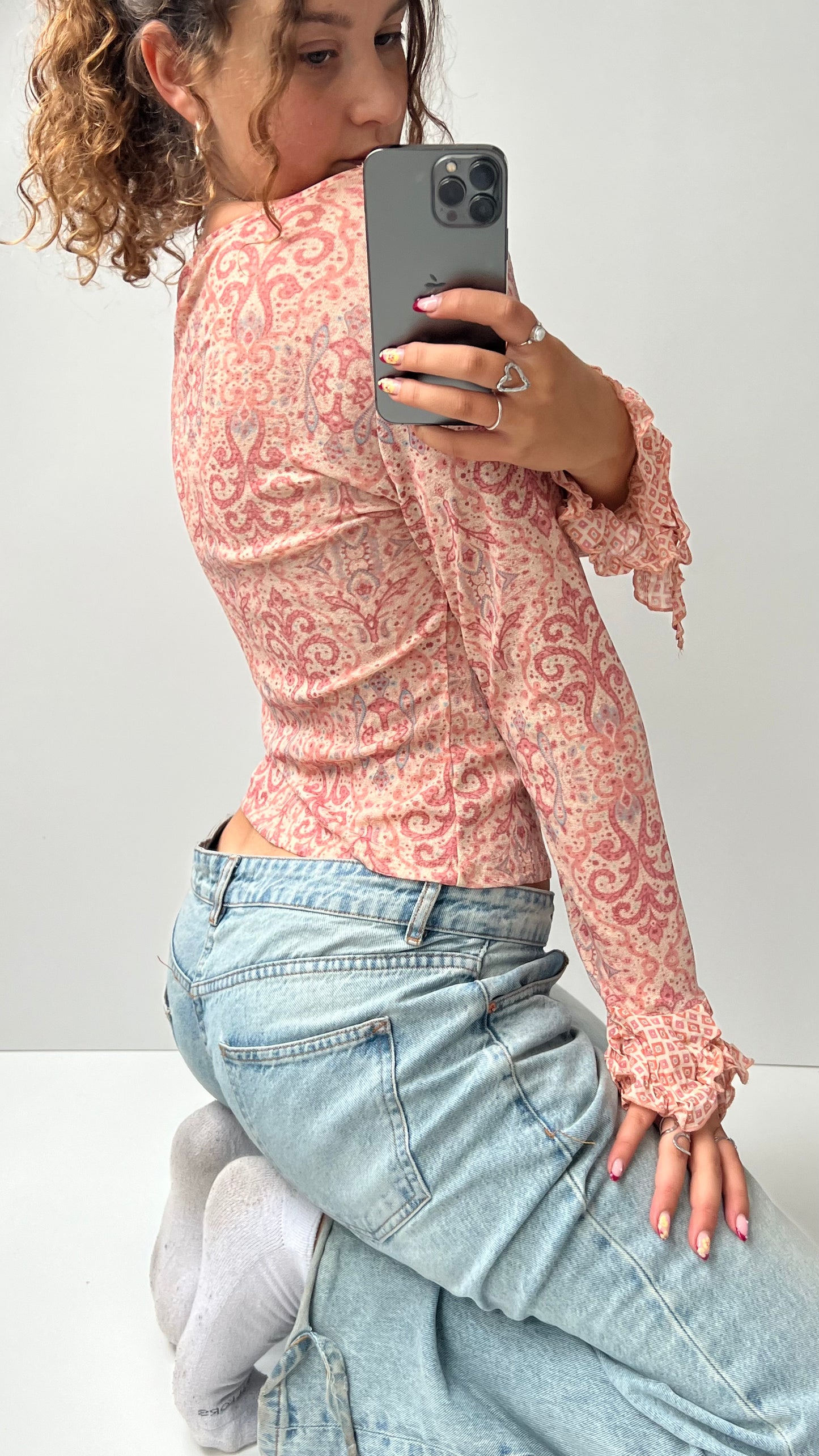 00s pink mesh long sleeve top- size L