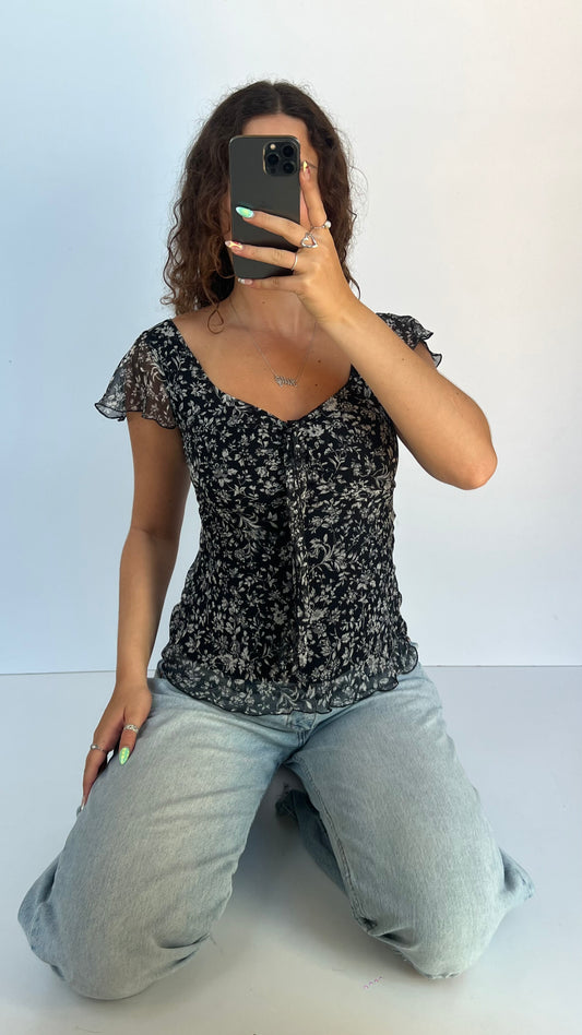 00s black floral babydoll top- size M