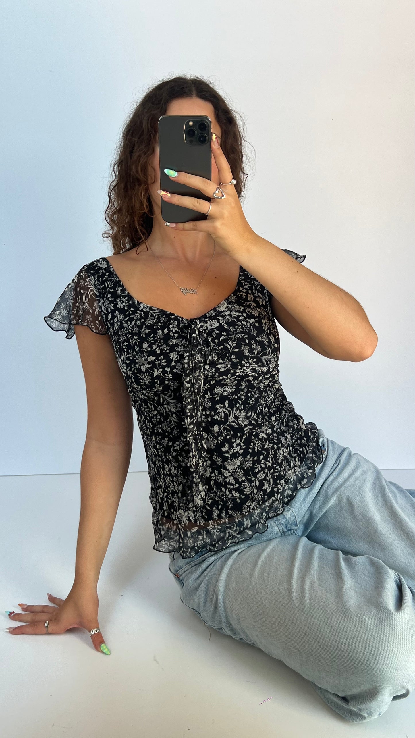 00s black floral babydoll top- size M