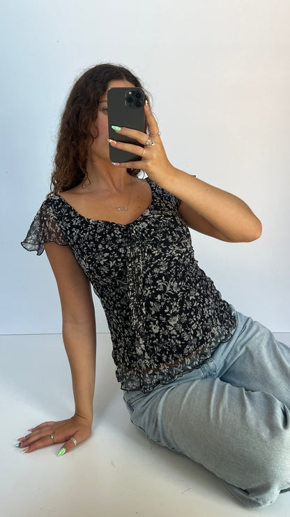 00s black floral babydoll top- size M