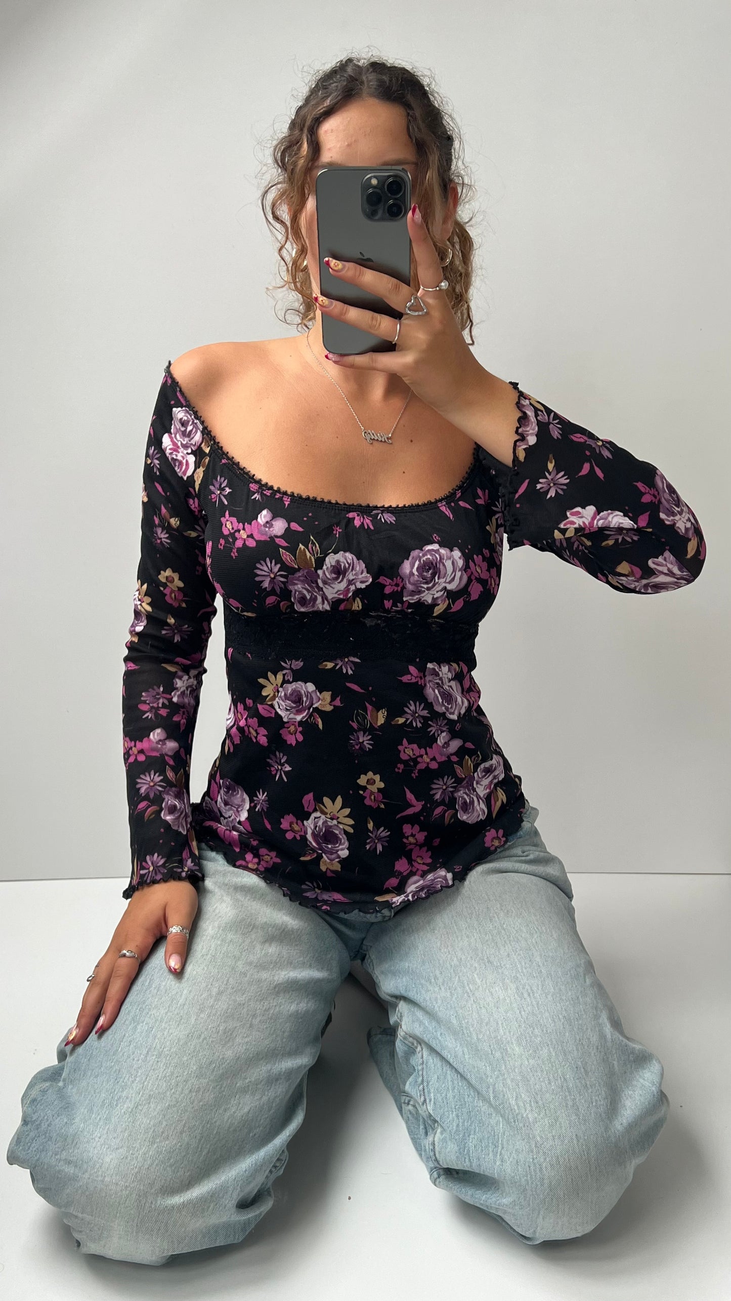 00s black floral mesh long sleeve top- size S/M