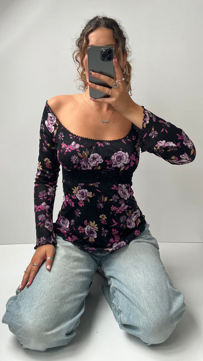 00s black floral mesh long sleeve top- size S/M