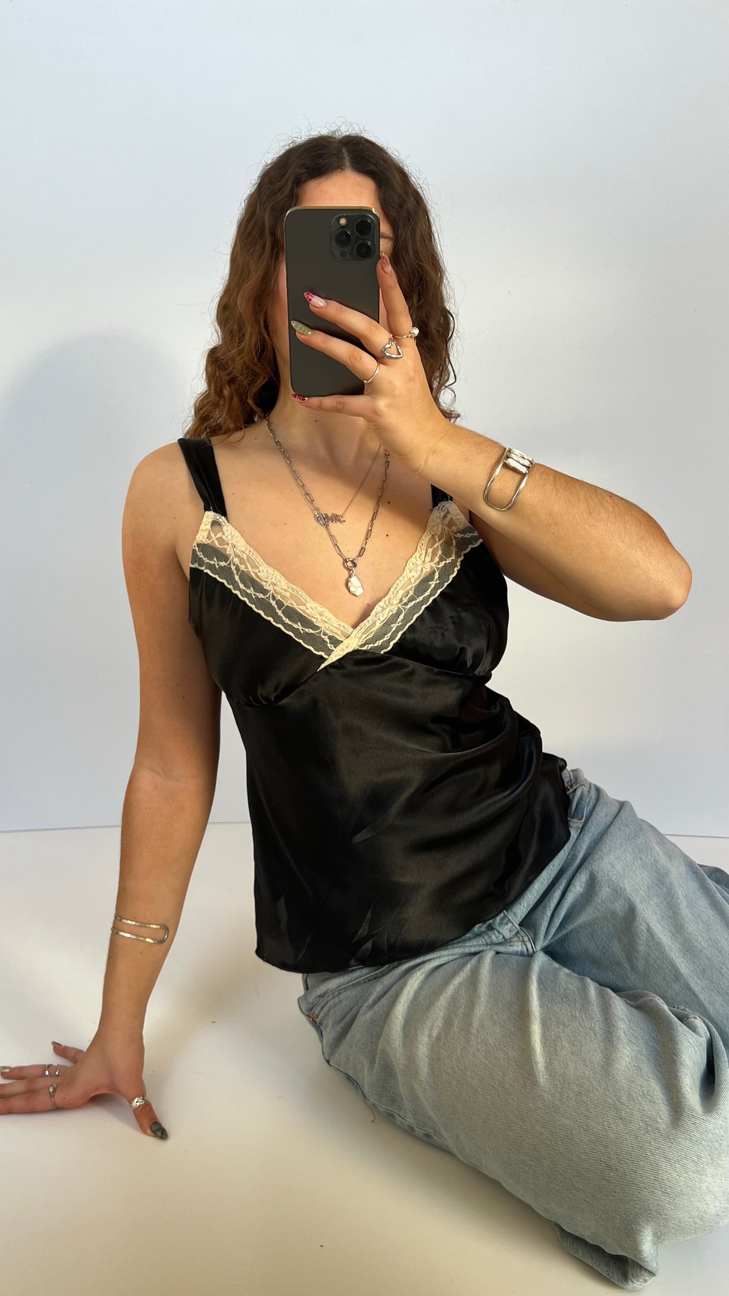 00s black satin lace cami- size L