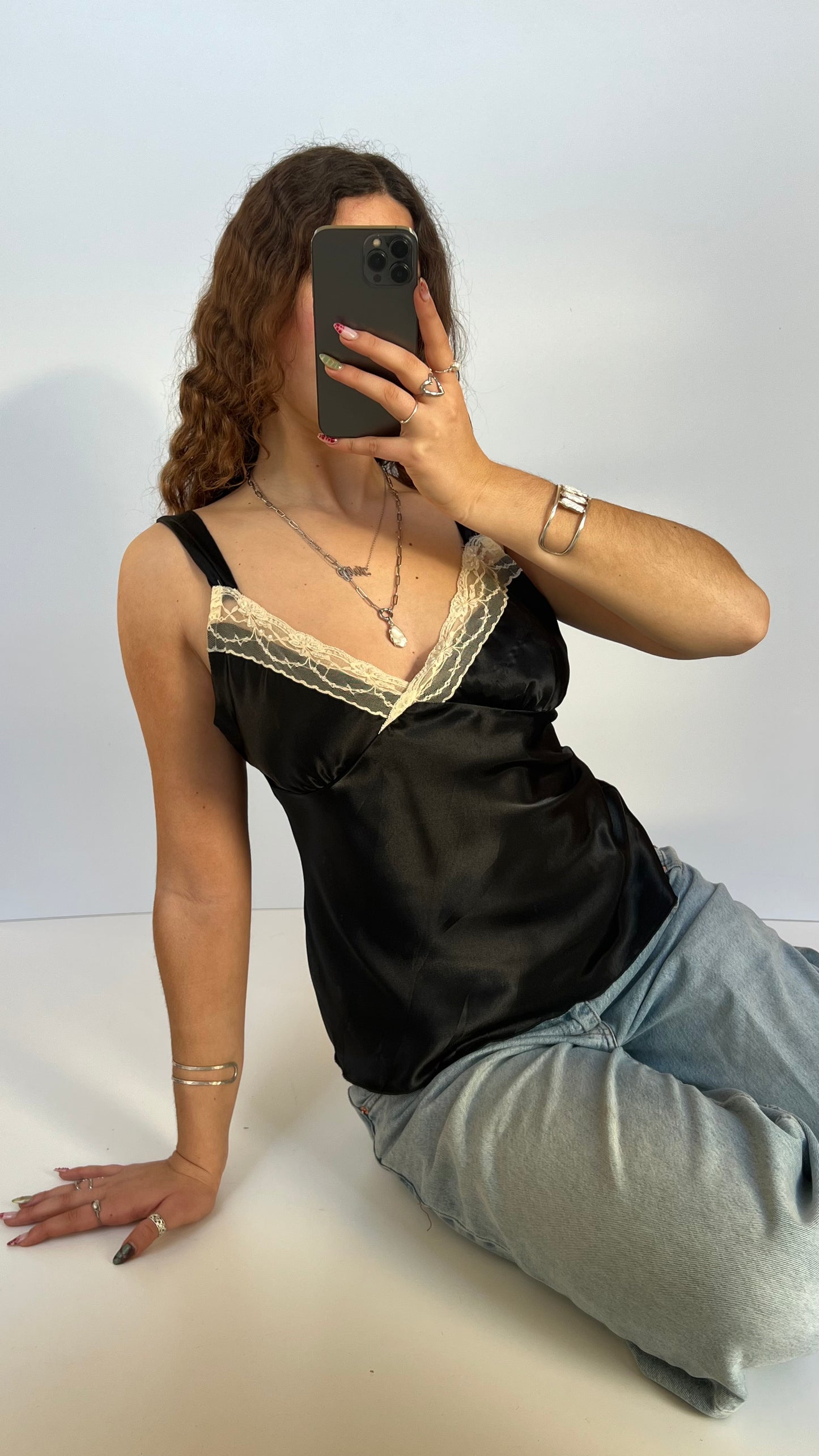 00s black satin lace cami- size L