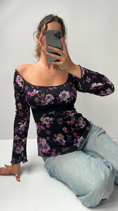 00s black floral mesh long sleeve top- size S/M