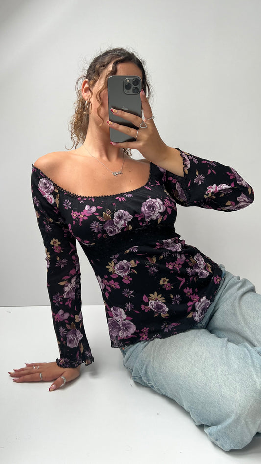 00s black floral mesh long sleeve top- size S/M
