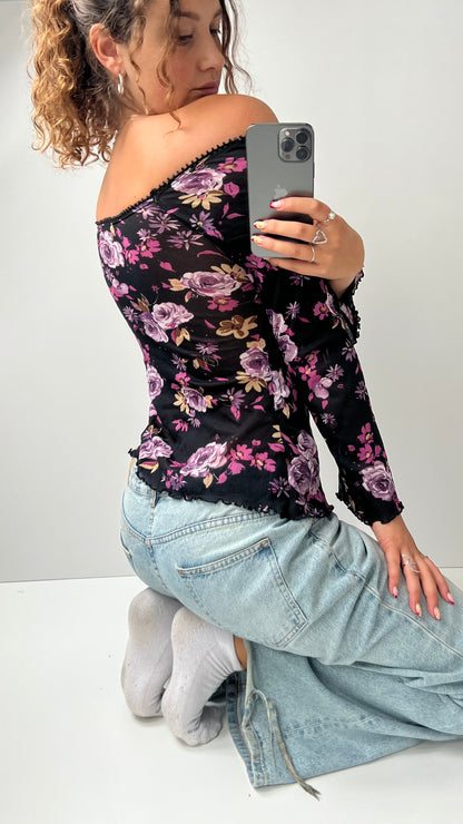 00s black floral mesh long sleeve top- size S/M