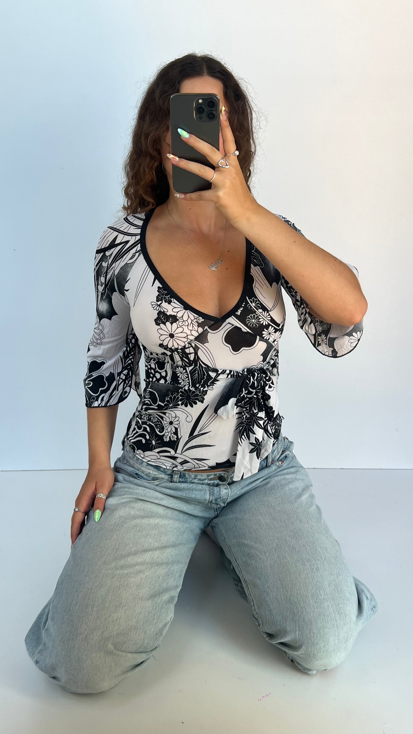 00s white black floral top- size S/M