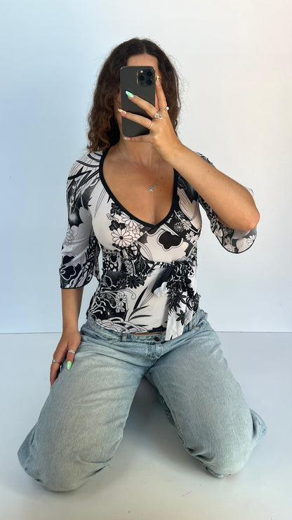 00s white black floral top- size S/M