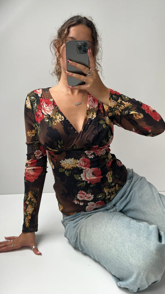 00s brown floral long sleeve top- size L