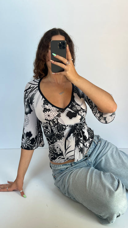 00s white black floral top- size S/M