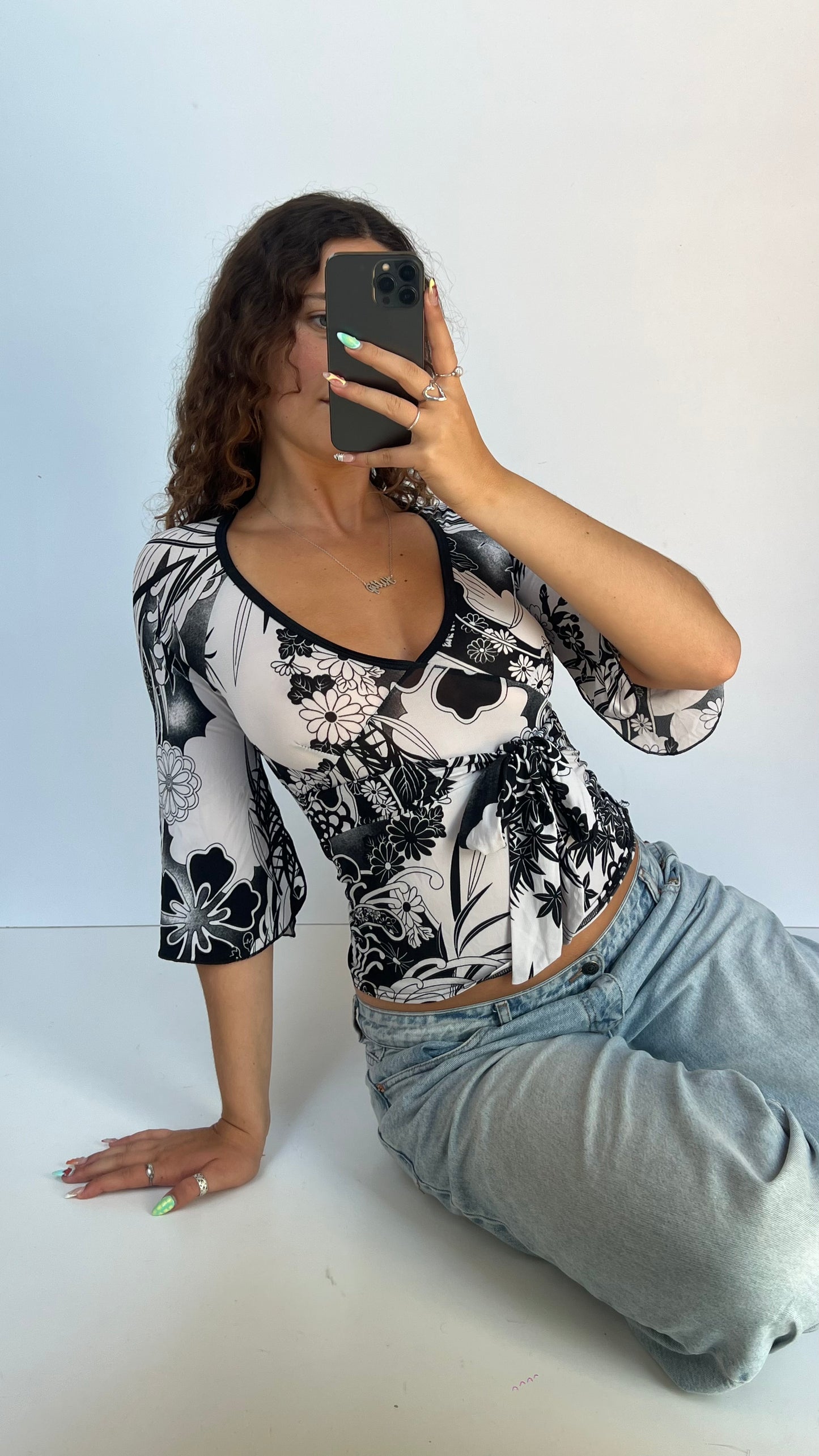 00s white black floral top- size S/M
