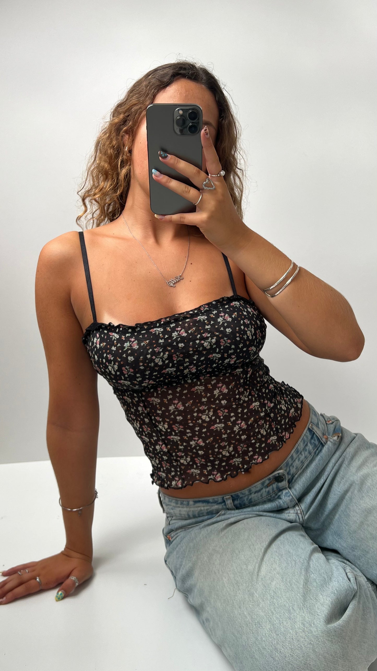 00s black floral mesh cami- size S