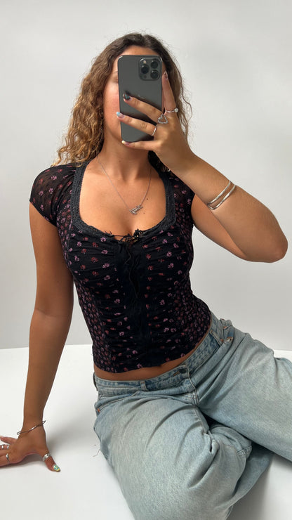 00s black floral milkmaid top- size XS