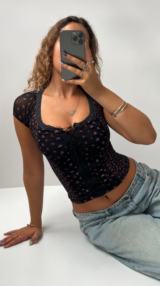 00s black floral milkmaid top- size XS