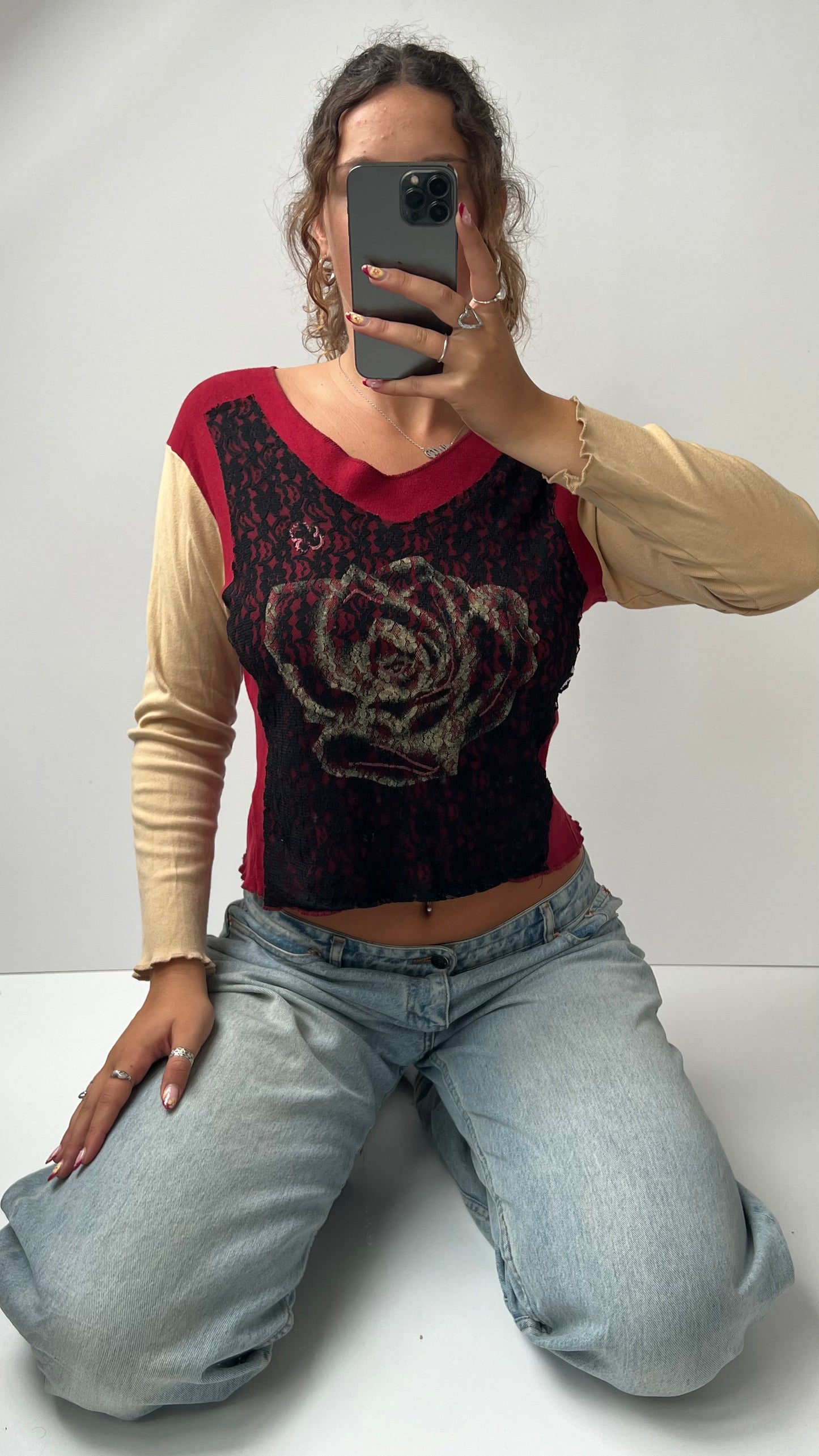00s red lace long sleeve top- size L