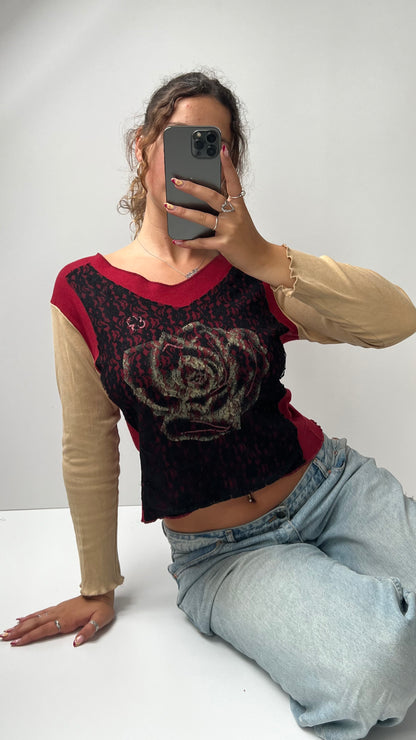 00s red lace long sleeve top- size L