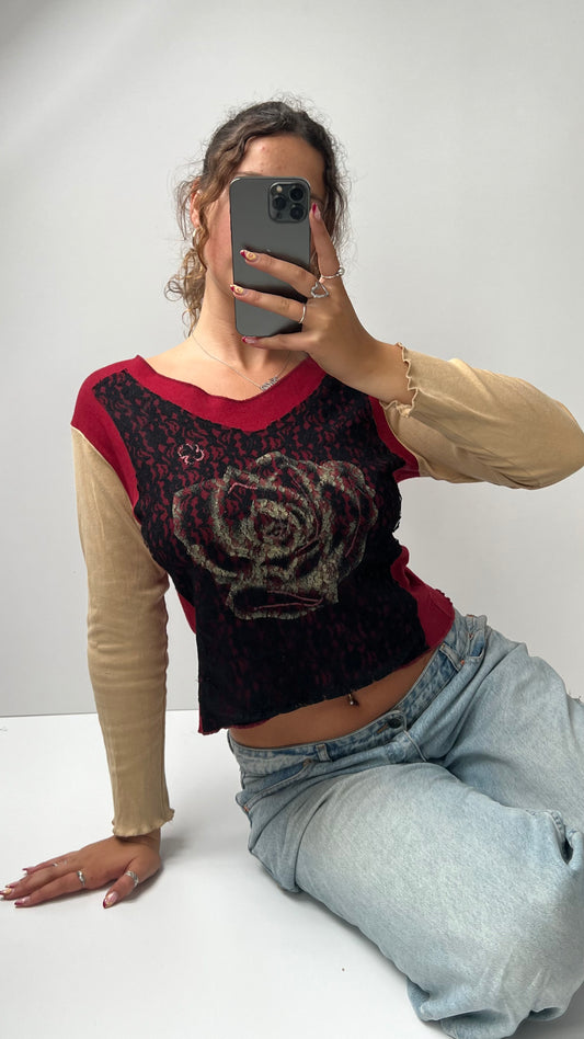 00s red lace long sleeve top- size L