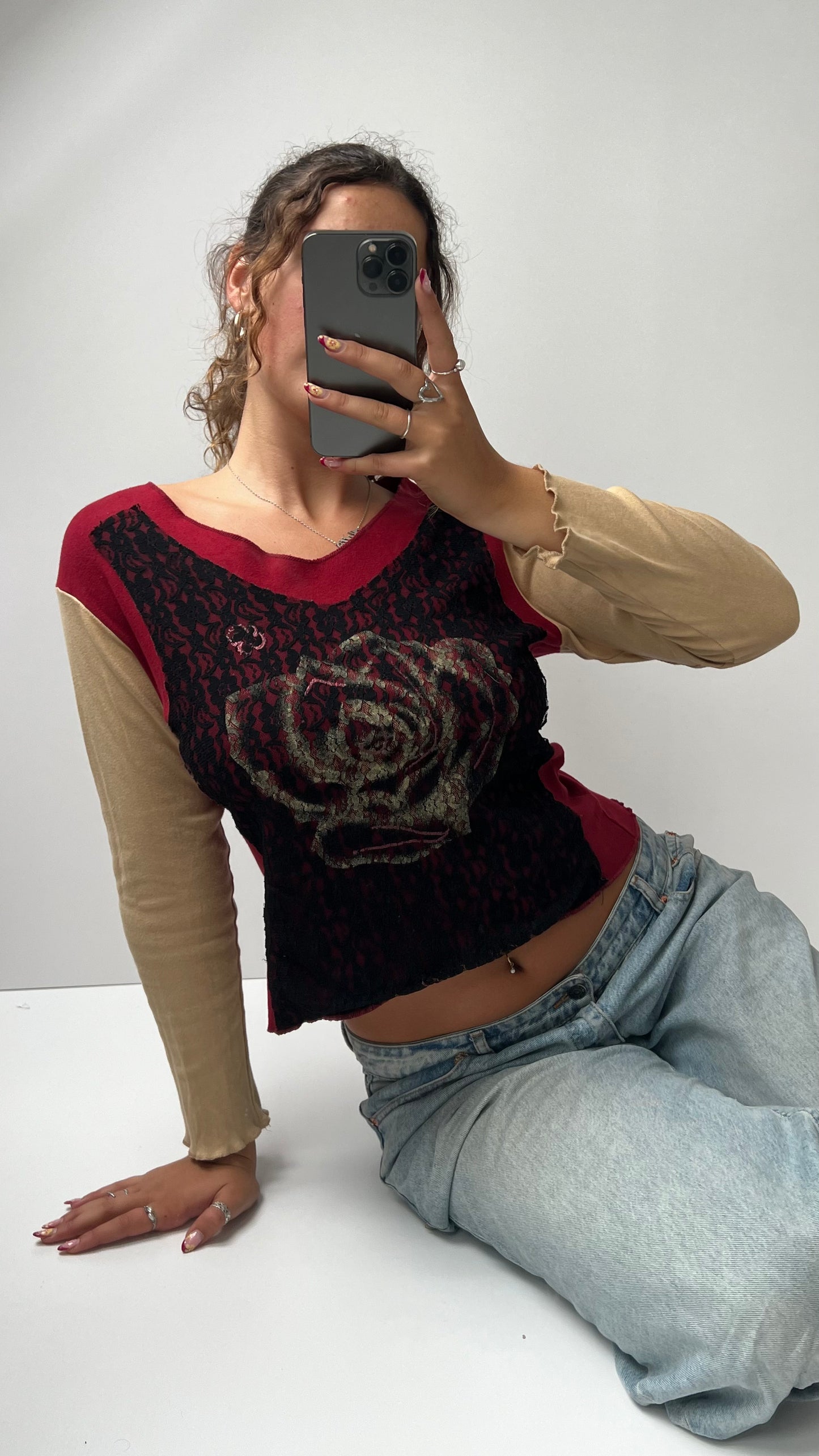 00s red lace long sleeve top- size L