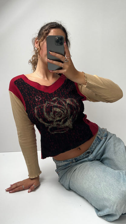 00s red lace long sleeve top- size L