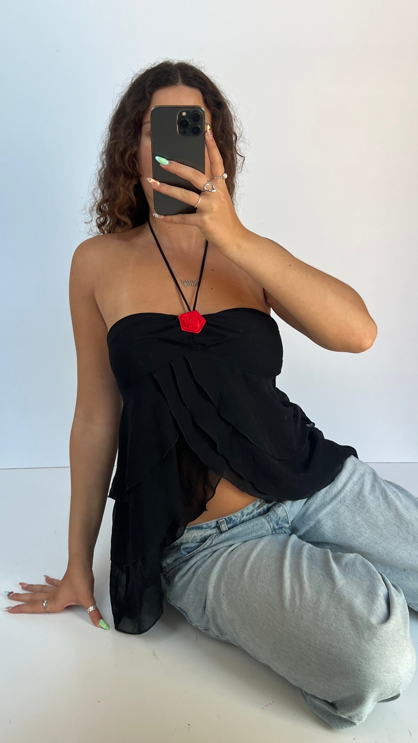 00s black mesh ruffle cami- size L