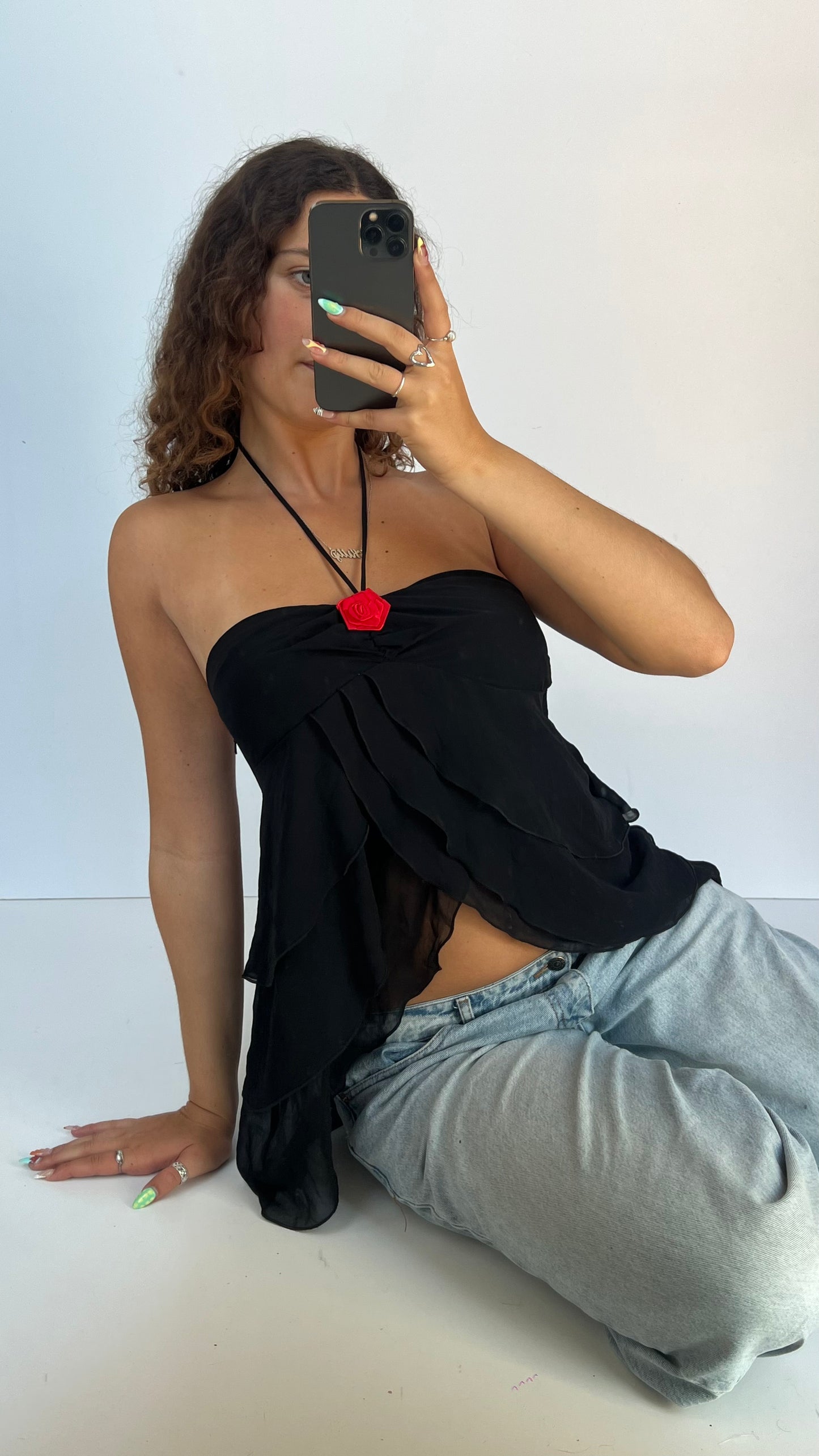 00s black mesh ruffle cami- size L