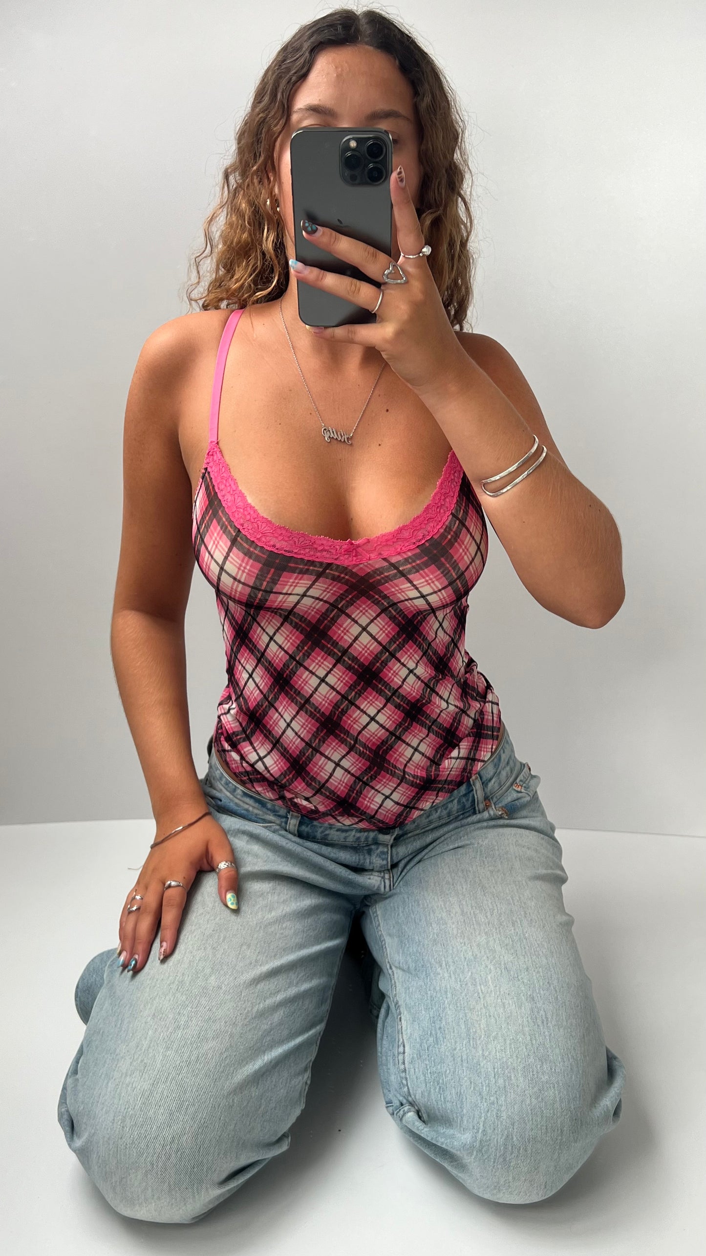00s pink tartan mesh cami- size M