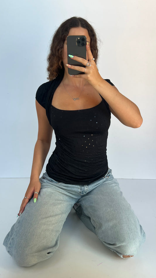 00s black sequin backless top- size S