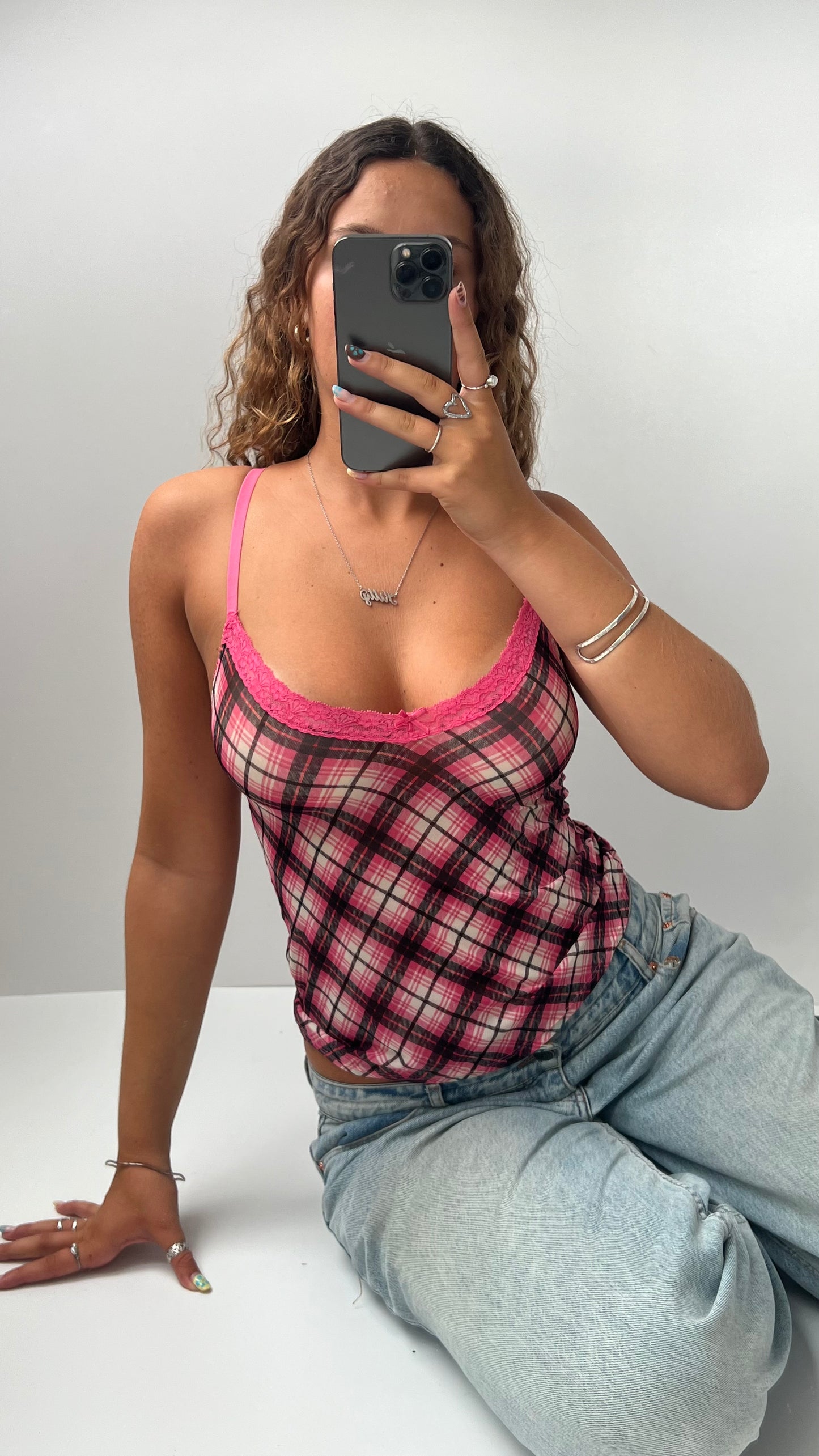 00s pink tartan mesh cami- size M