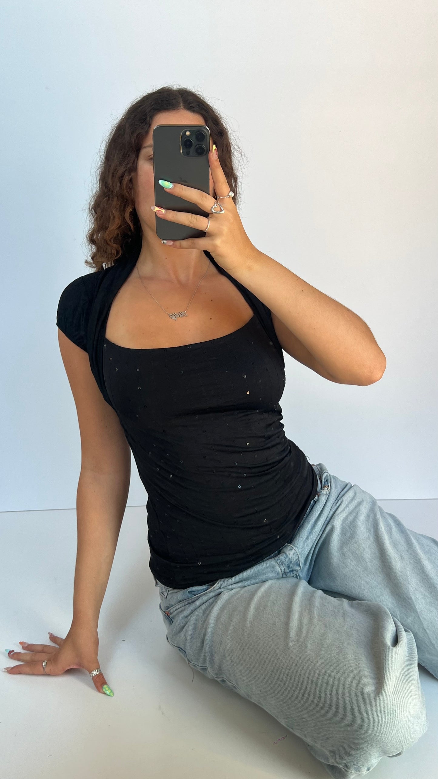 00s black sequin backless top- size S