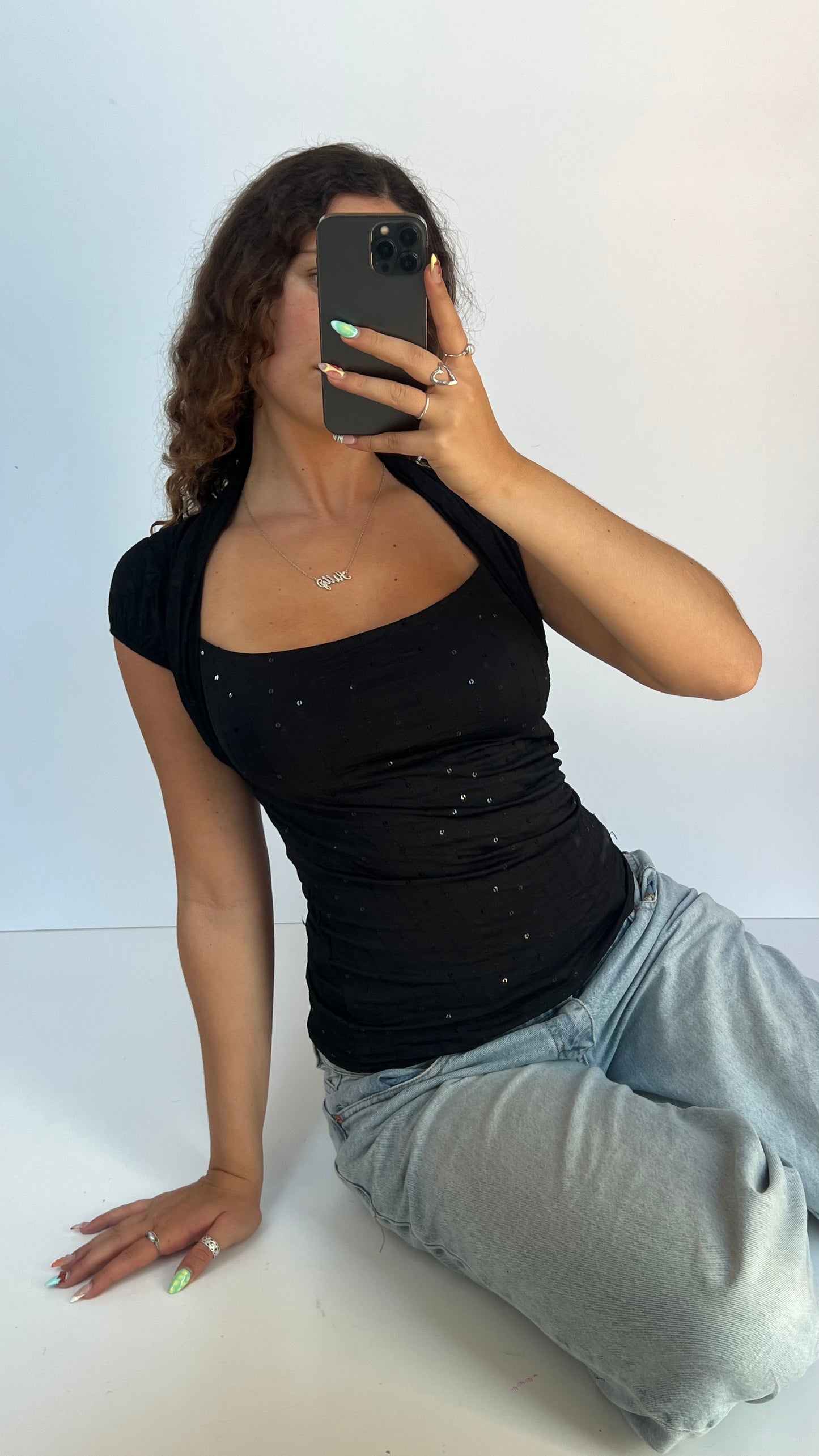 00s black sequin backless top- size S