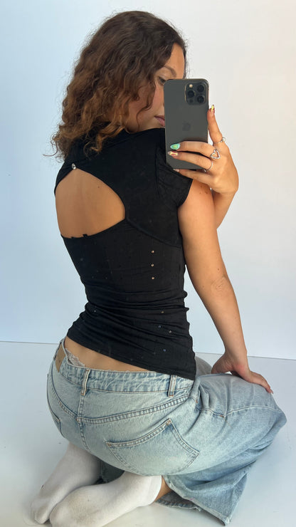 00s black sequin backless top- size S