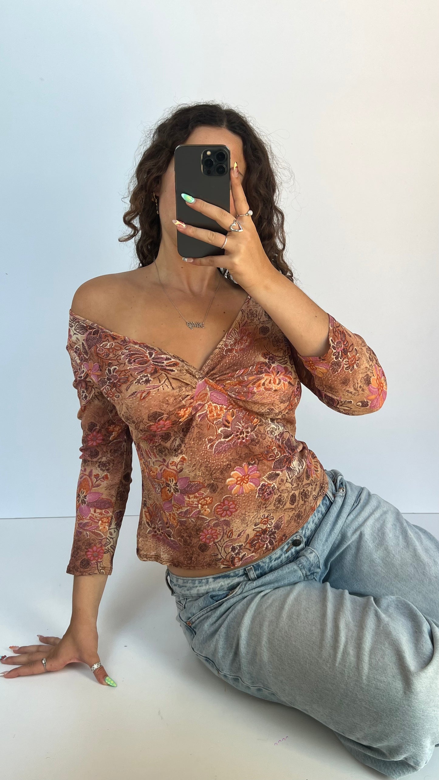 00s pink brown mesh top- size L