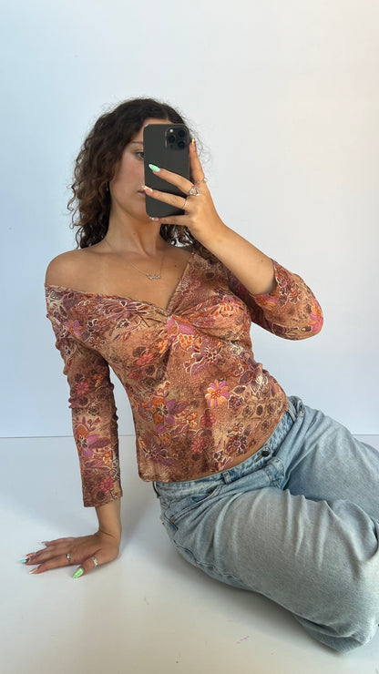 00s pink brown mesh top- size L