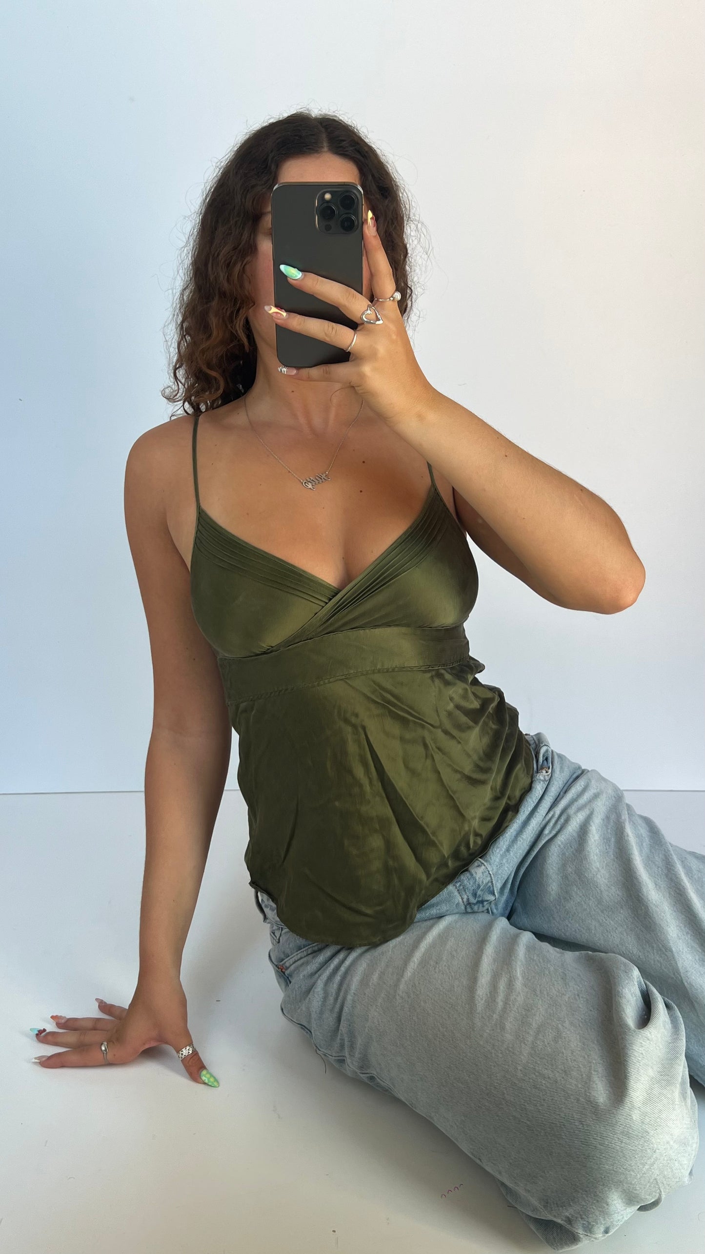 00s green silk cami- size S