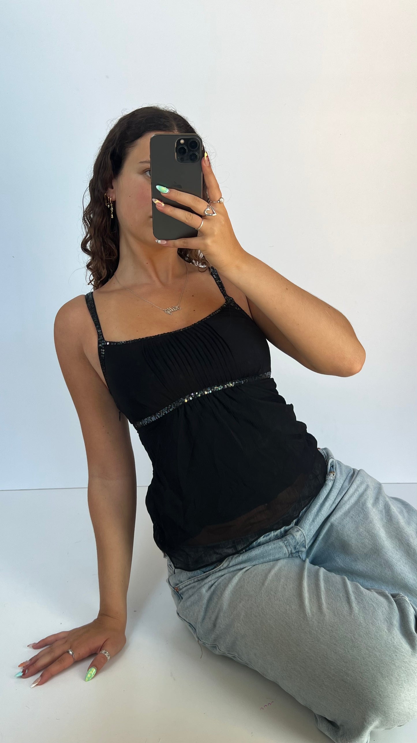 00s black mesh sequin cami- size S