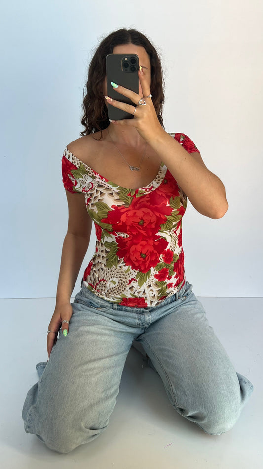 00s red floral top- size S/M