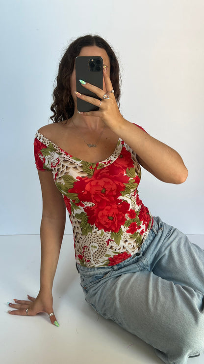 00s red floral top- size S/M
