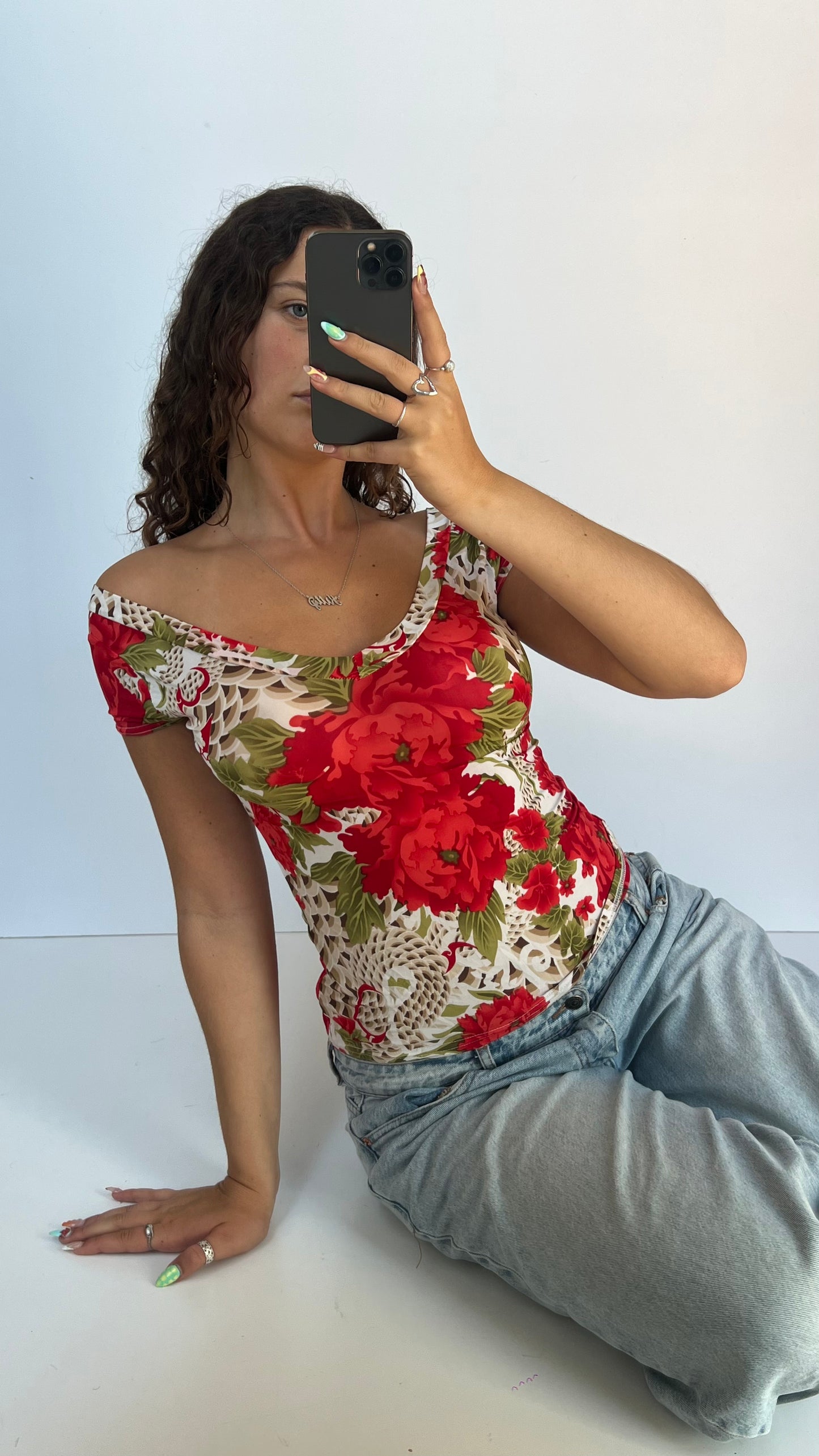 00s red floral top- size S/M