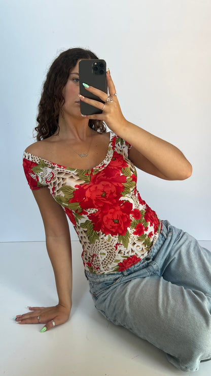 00s red floral top- size S/M