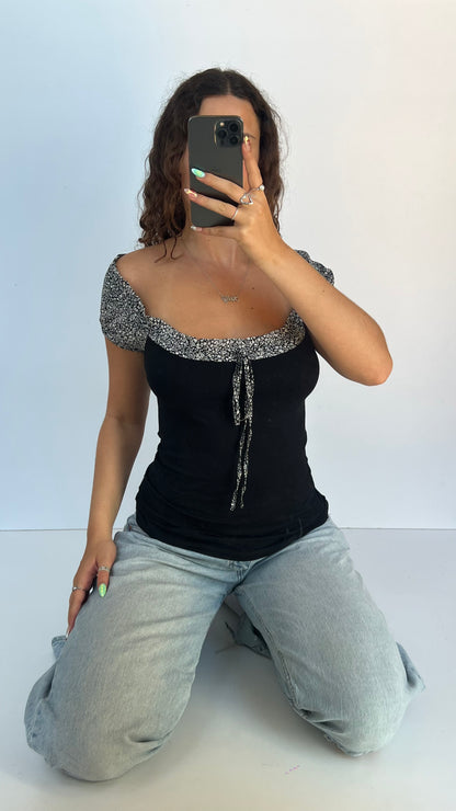 00s black floral babydoll top- size M