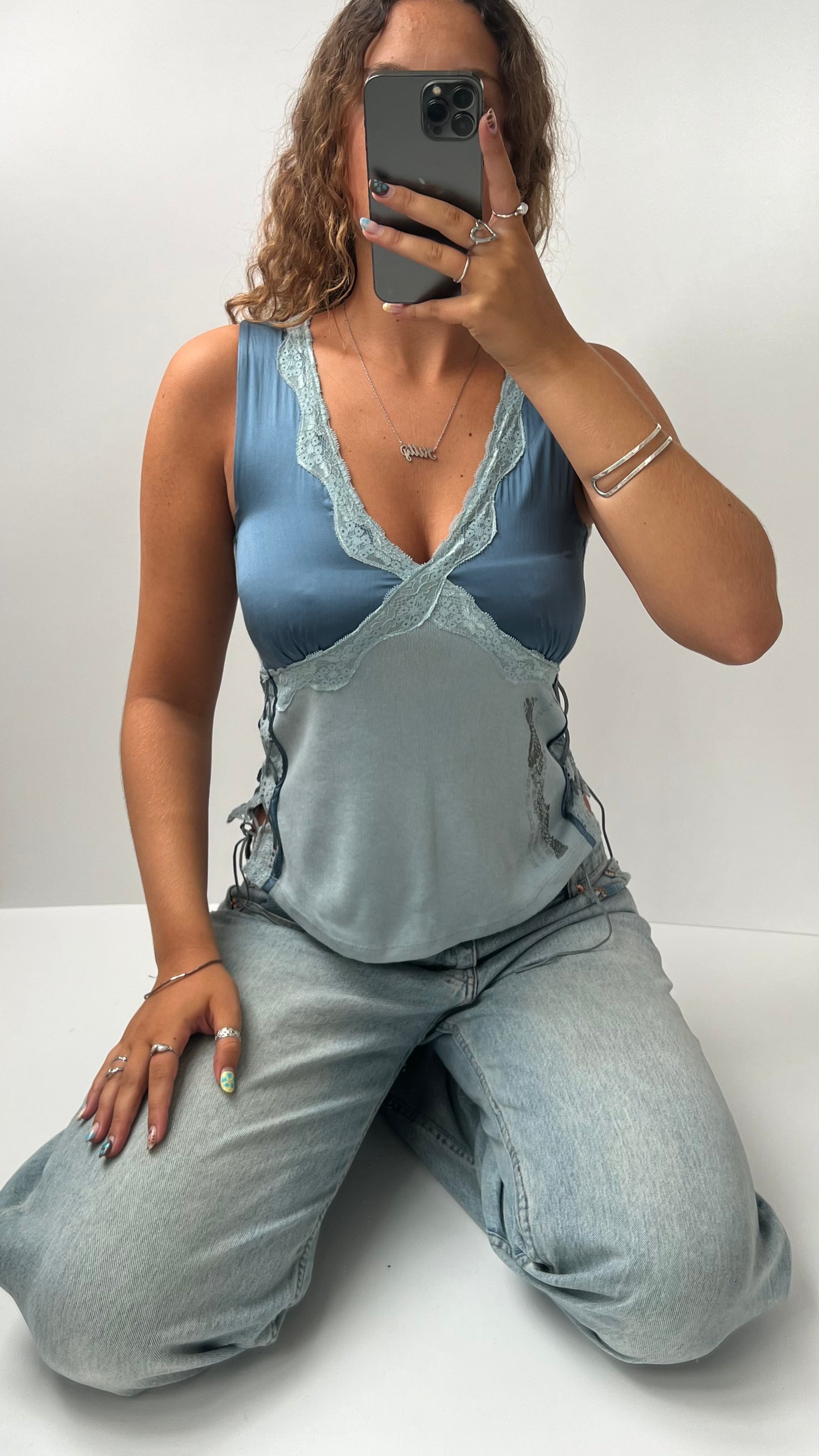 00s blue satin babydoll top- size XS