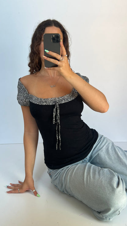 00s black floral babydoll top- size M
