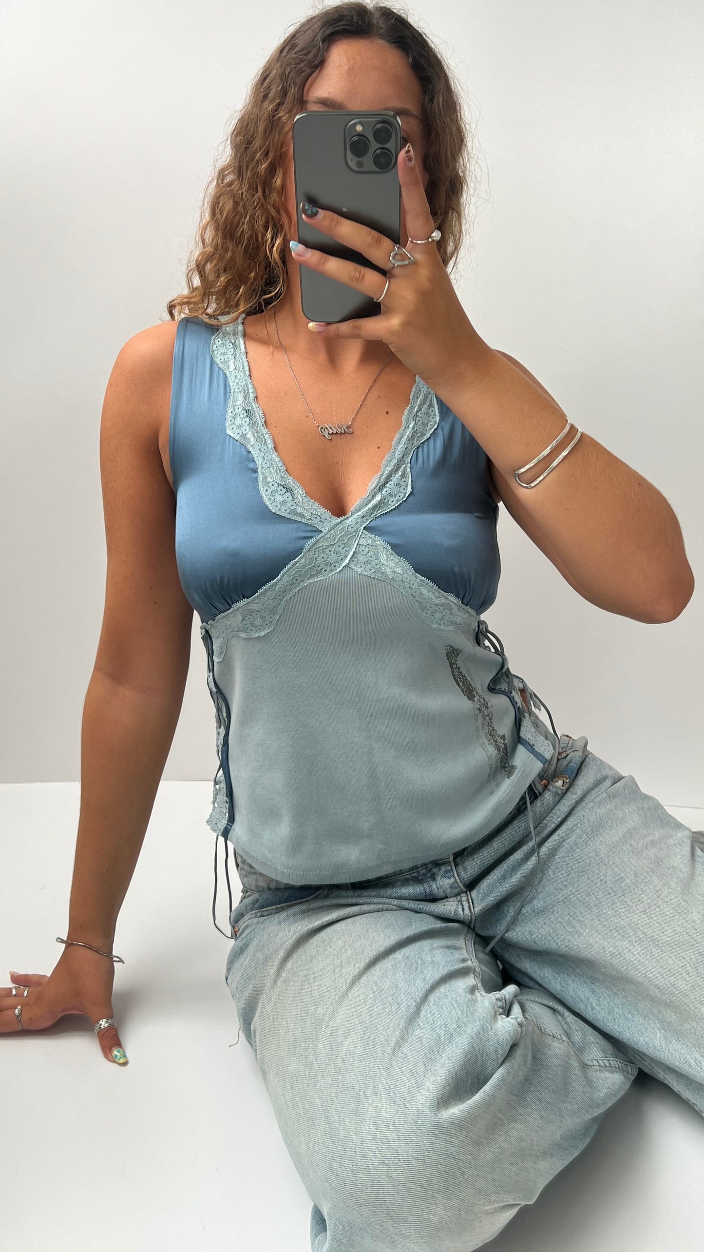 00s blue satin babydoll top- size XS