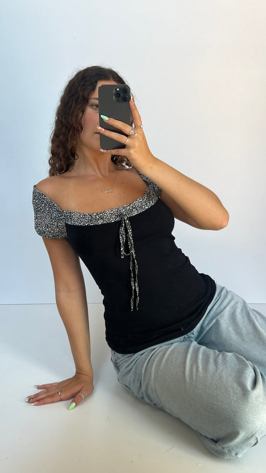 00s black floral babydoll top- size M